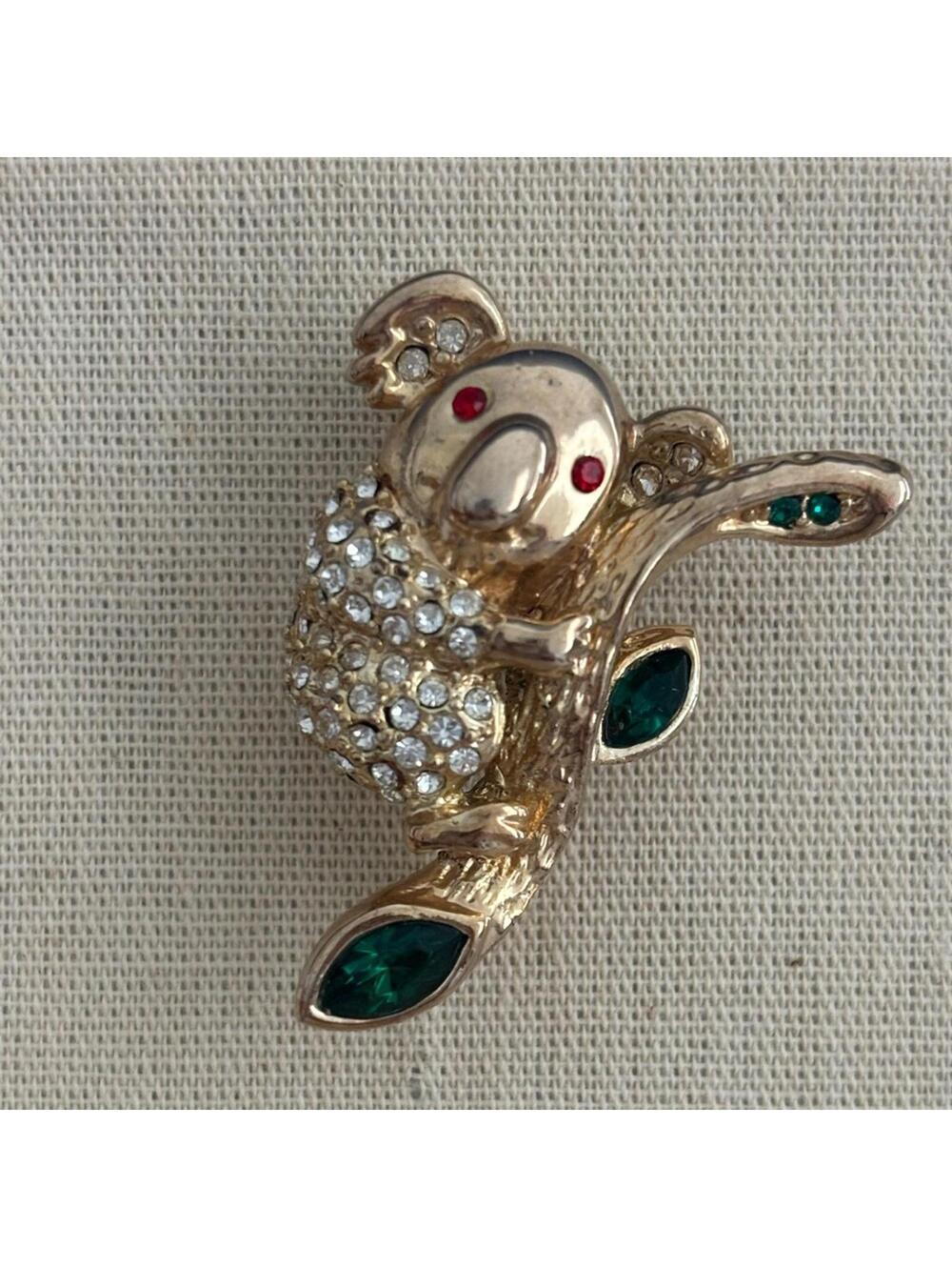 Gold Koala Brooch with Red and Green Accents